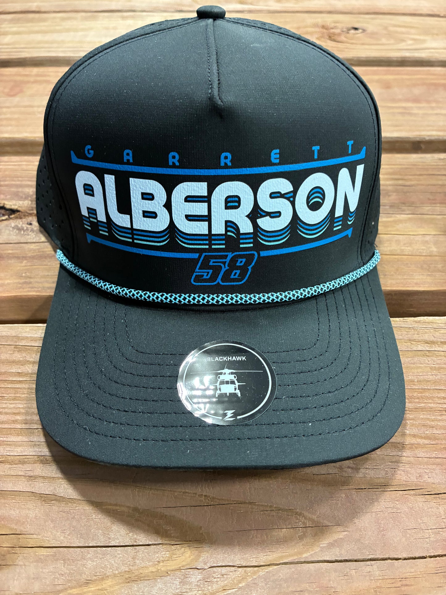 Black & Blue 58/Garrett Alberson DTF Blackhawk Snapback Hat.
