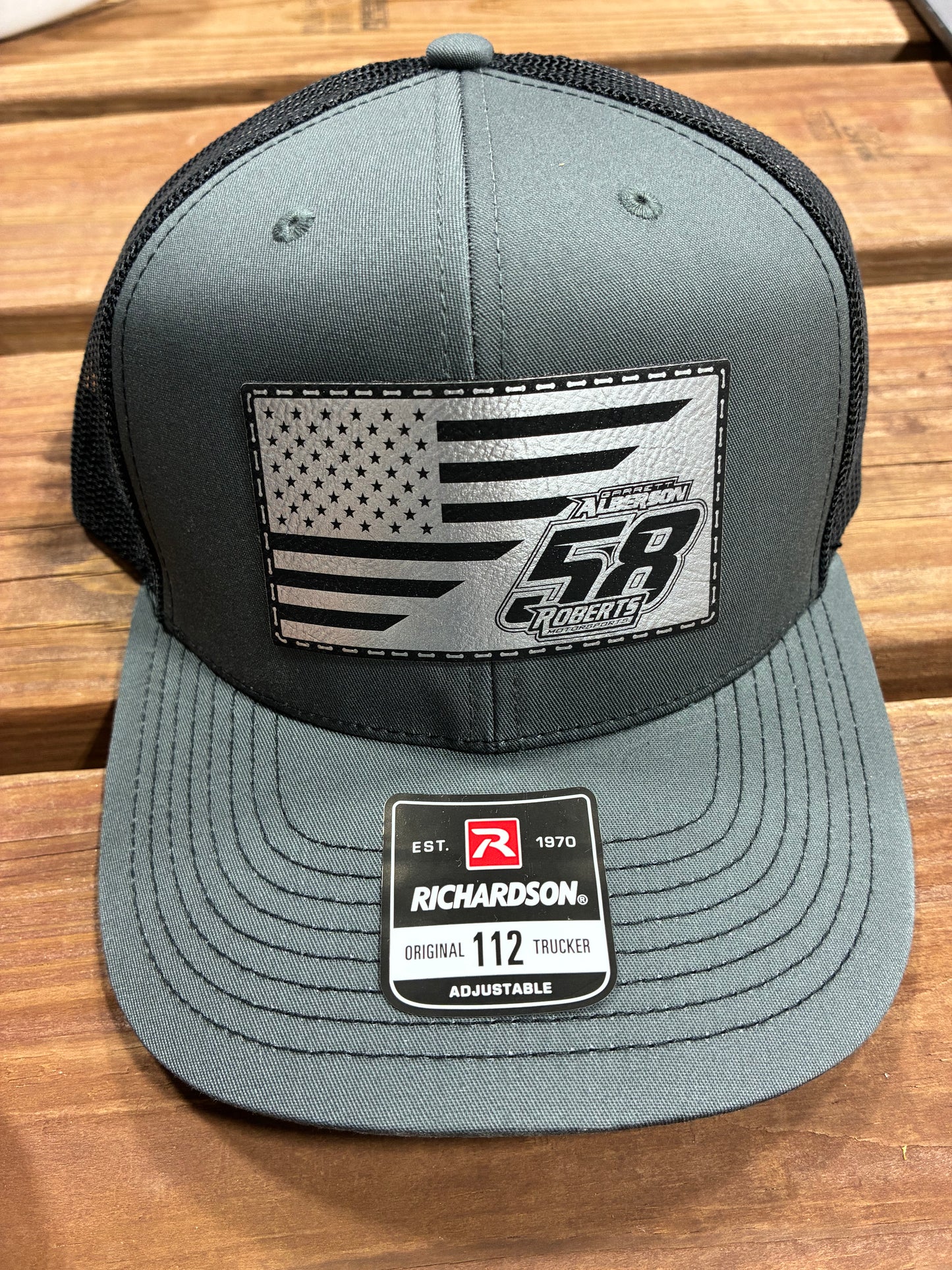 Grey/Black Richardson 112 with Silver/Black with American Flag/Alberson/58/Roberts Patch