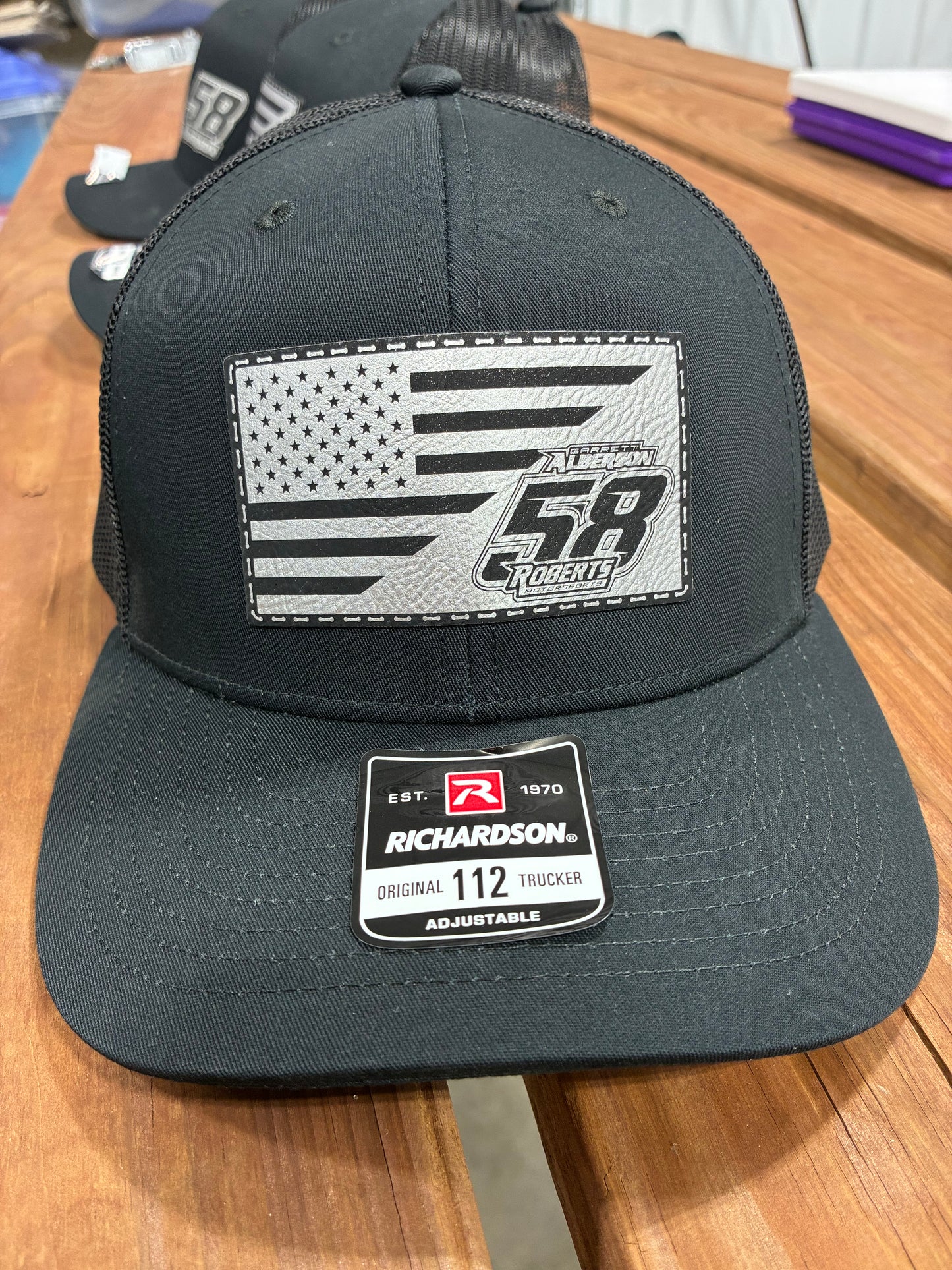Black/Black Richardson 112 with Silver/Black with American Flag/Alberson/58/Roberts Patch (Copy)