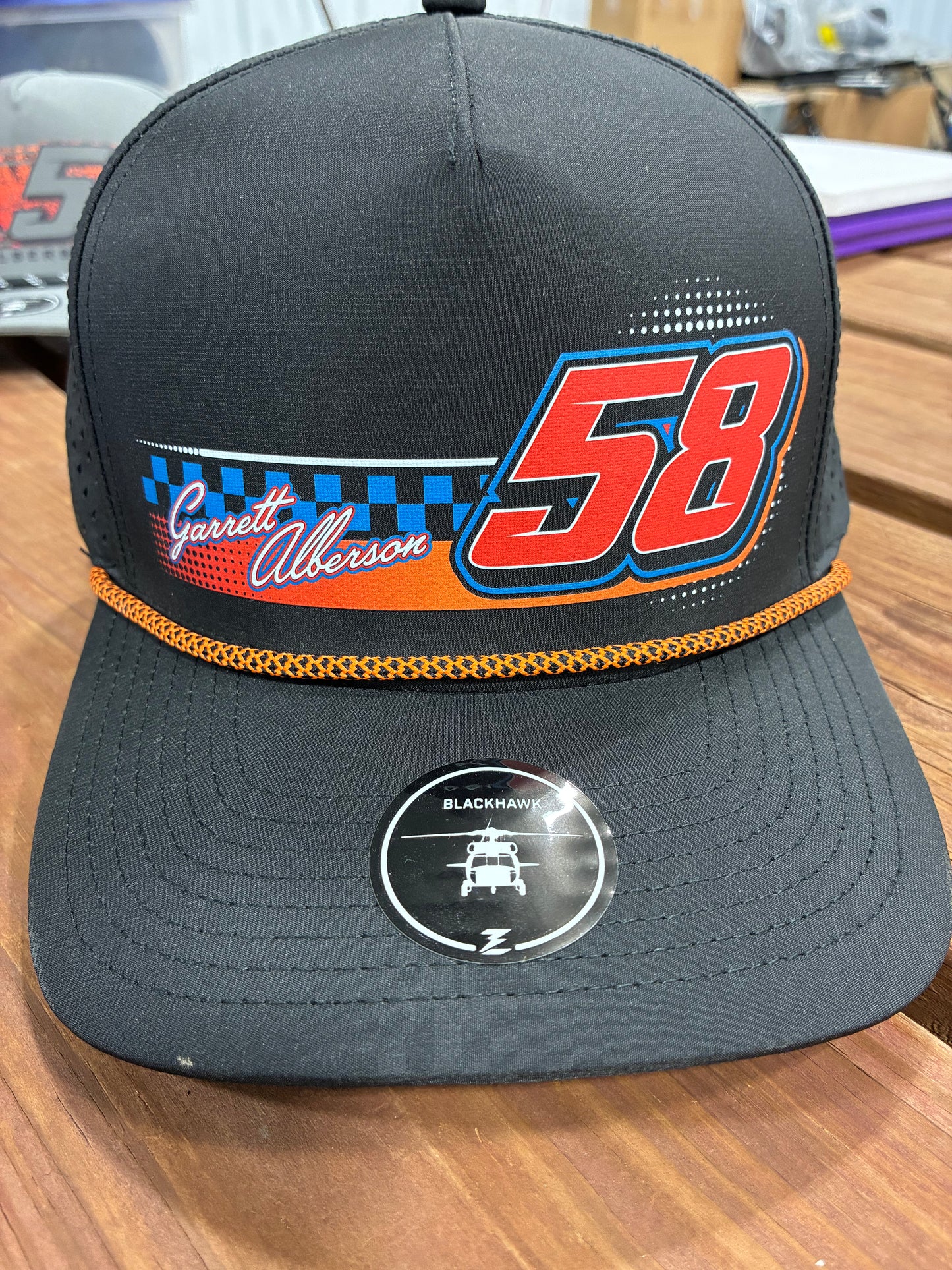 Black/Orange 58/Garrett Alberson DTF Blackhawk Snapback Hat.
