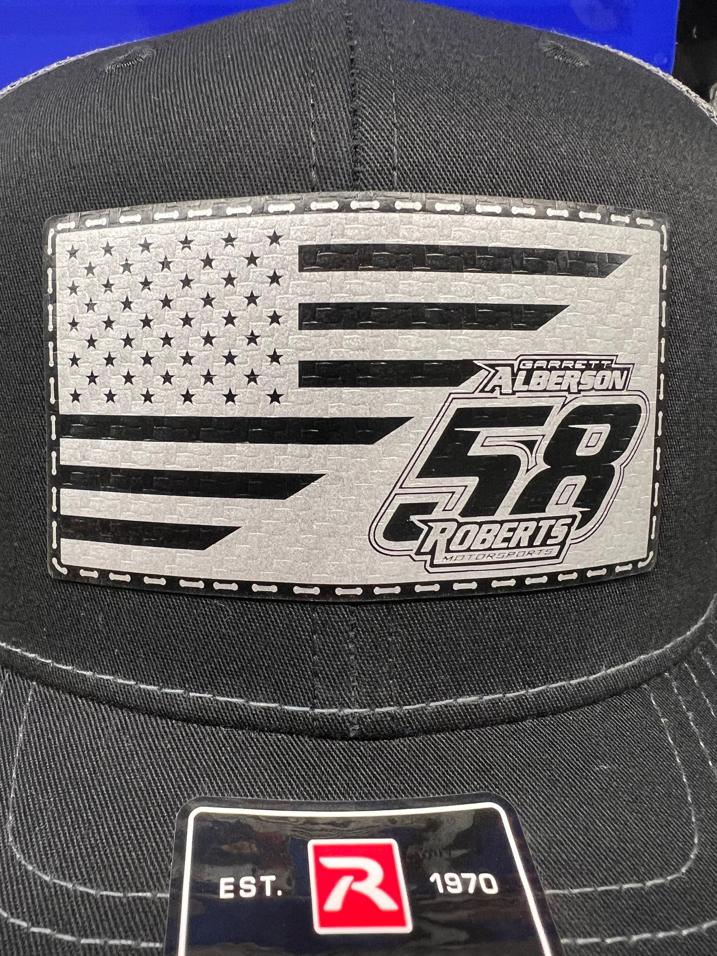 Black/Grey Richardson 112 with Silver/Black with American Flag/Alberson/58/Roberts Patch