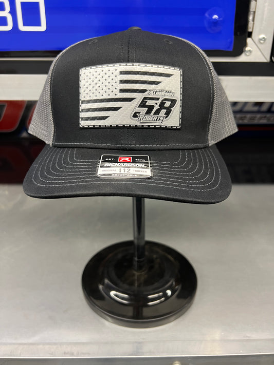 Black/Grey Richardson 112 with Silver/Black with American Flag/Alberson/58/Roberts Patch