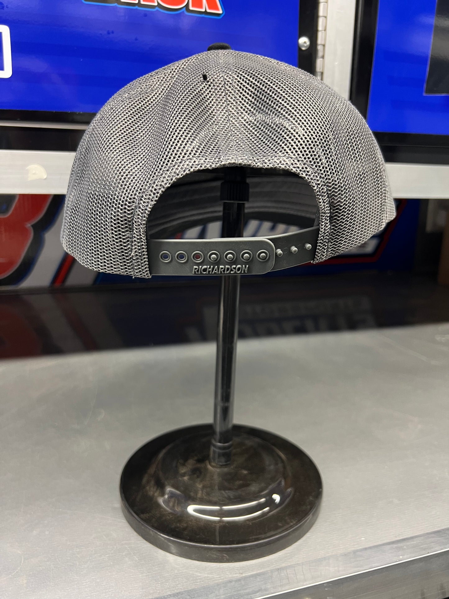 Black/Grey Richardson 112 with Silver/Black with American Flag/Alberson/58/Roberts Patch