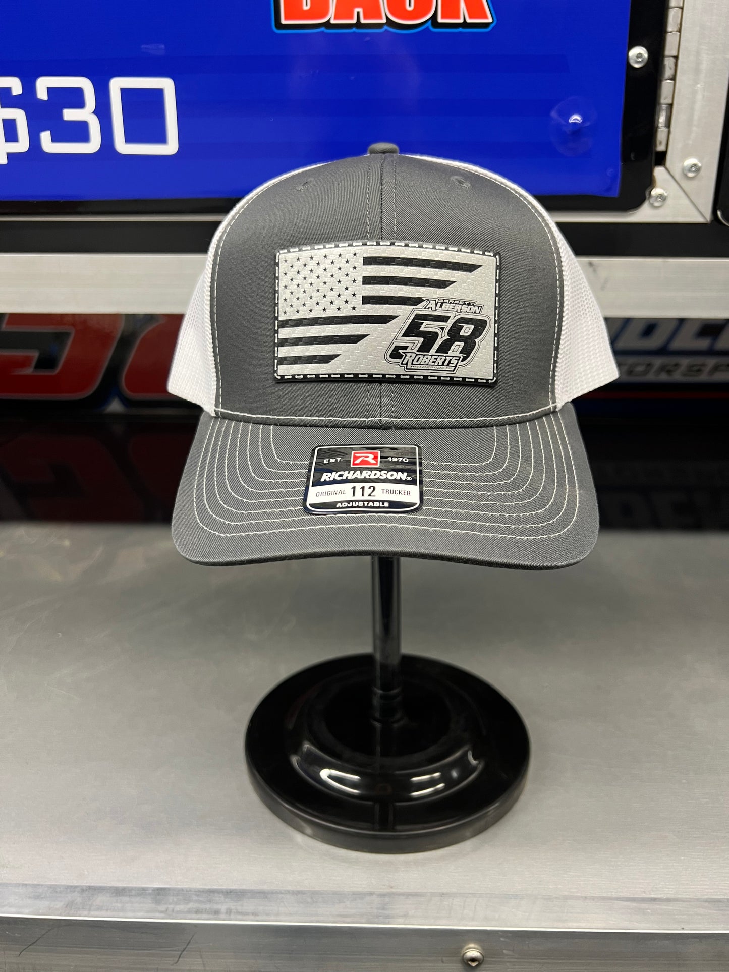 Heather Grey/White Richardson 112 with Silver/Black with American Flag/Alberson/58/Roberts Patch
